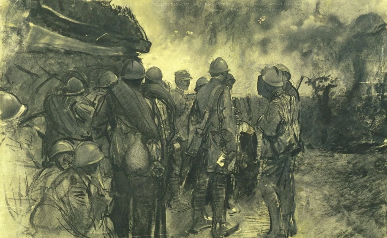 Il II Battaglione dell'81° in attesa - Fondo G.A. Sartorio. Palazzo della Farnesina, Roma